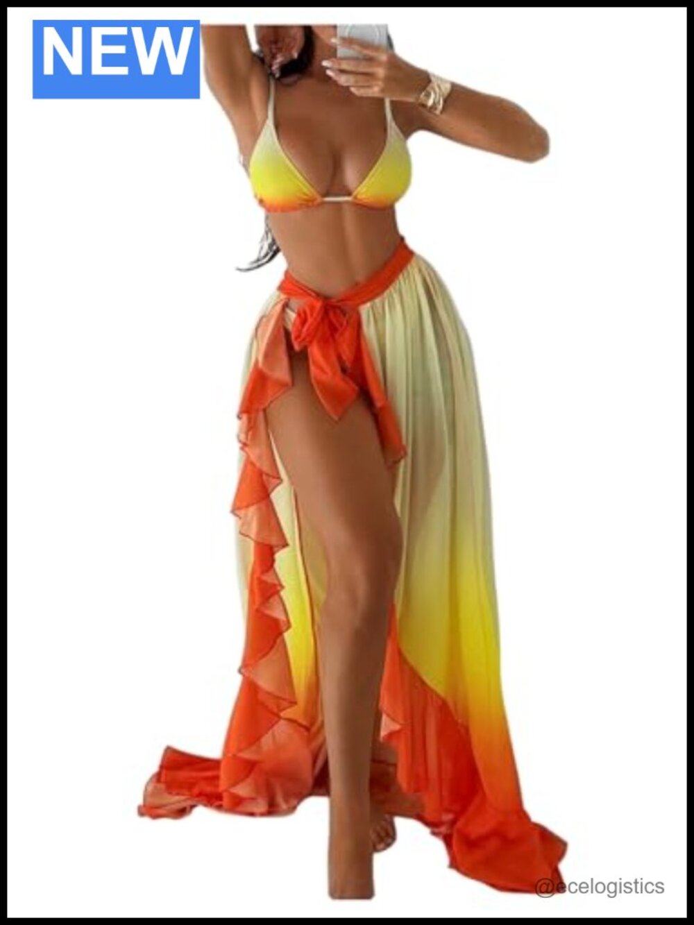 3 Piece Ombre Triangle Bikini Set with Sarong Coverup
